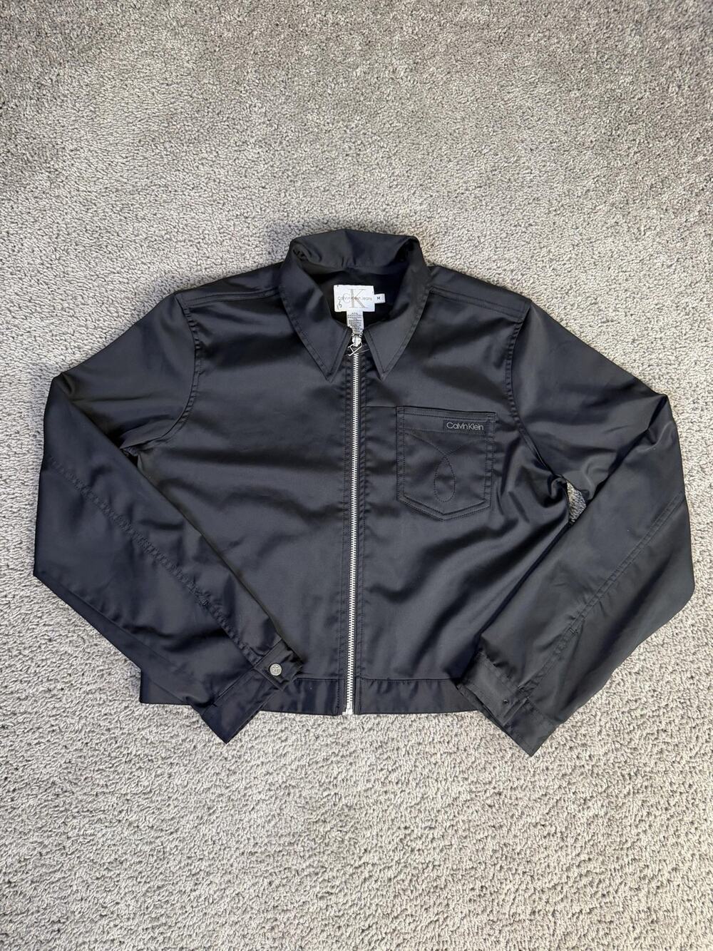Calvin Klein Jeans Jacket Womens M Black Full Zip Collared Lined Pockets Logo